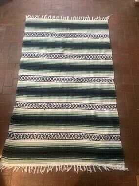 Vel-Mex Green White Stripe Western Boho Blanket Falsa Fringed Throw 71” X 47”